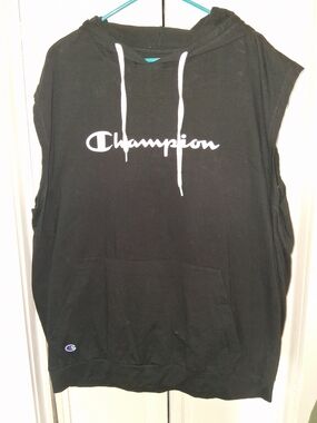 Champion Black Sleeveless Hoodie with White Logo and Drawstrings